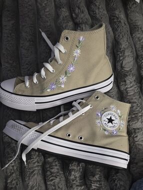Converse High-Top Sneakers in Light Olive with Lavender Floral Embroidery
